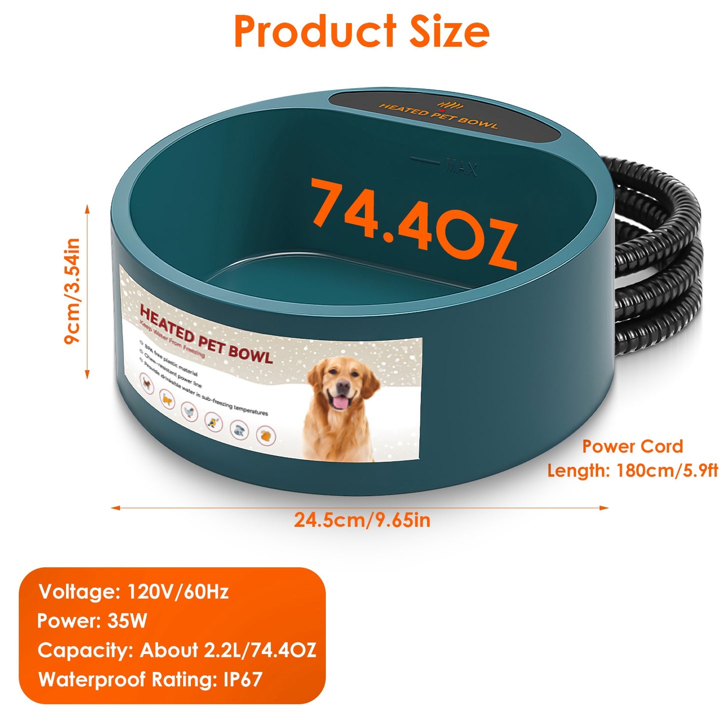 Premium Heated Pet Water Bowl – 74oz Waterproof Smart Feeder