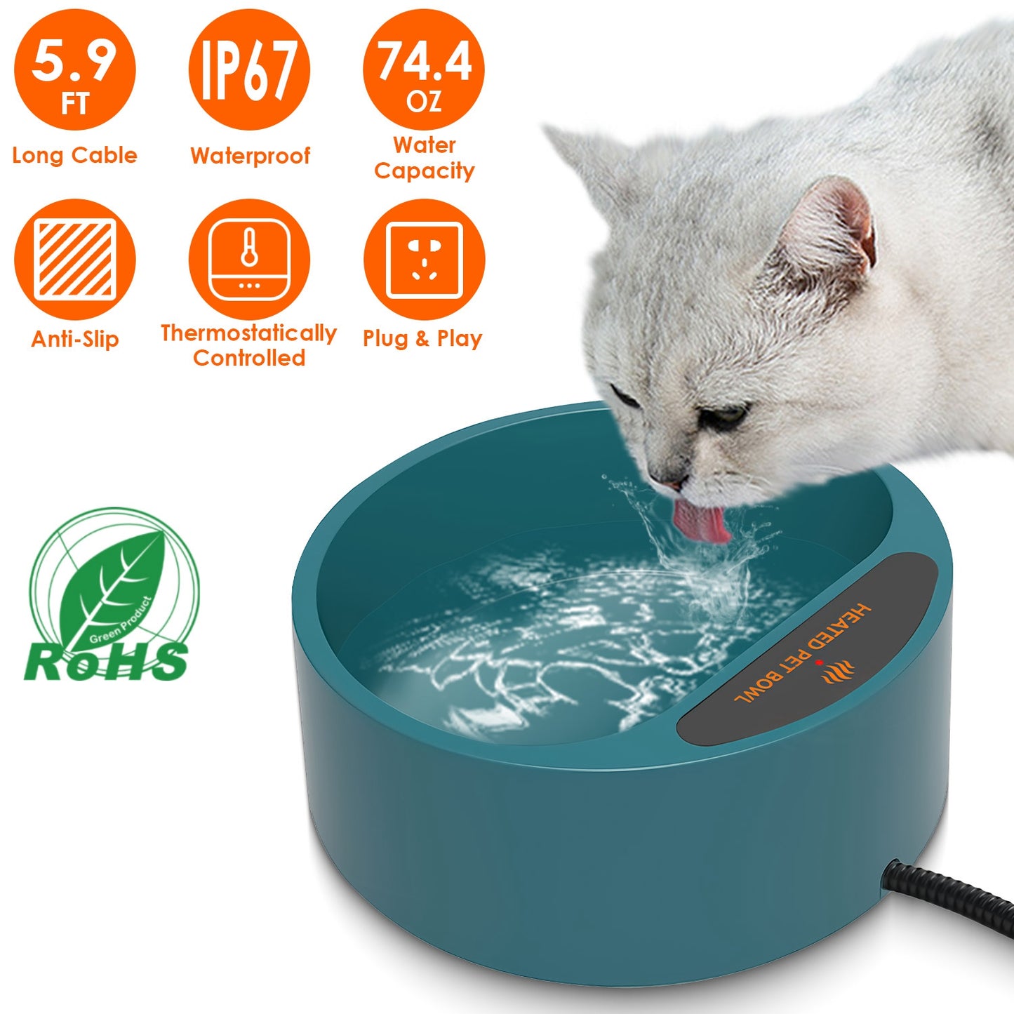 Premium Heated Pet Water Bowl – 74oz Waterproof Smart Feeder